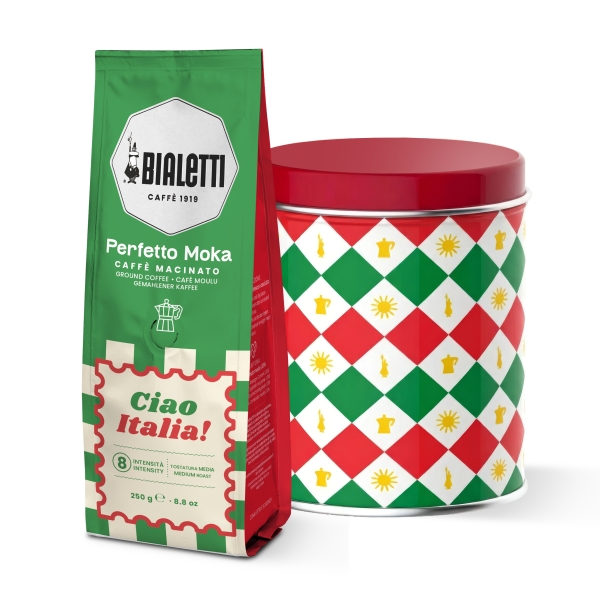 Bialetti Perfetto Moka Cafea Măcinată 250 g Ciao Italia cu Cutie Metalică de Colecție