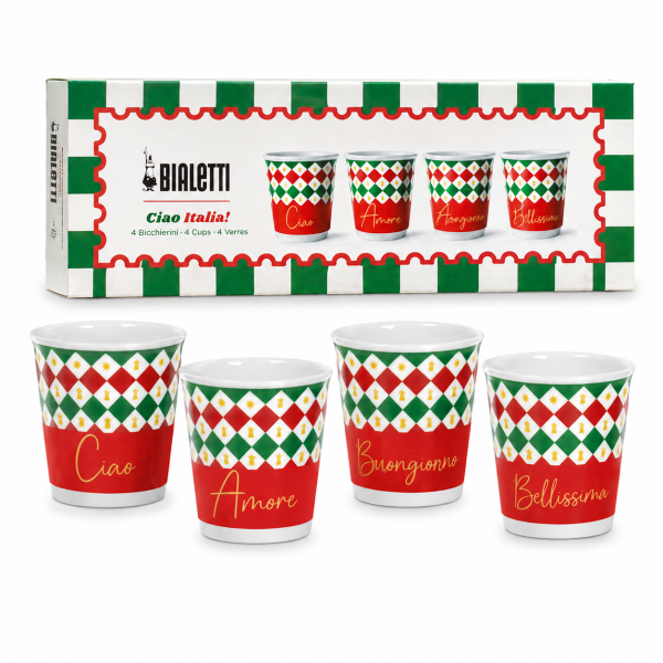 Bialetti Ciao Italia – Set de 4 Cești Espresso din Porțelan