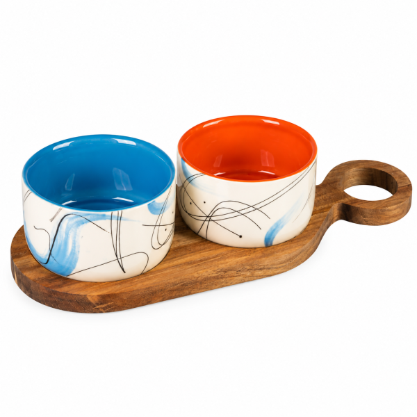 EVVIVA Stones – Set pentru aperitiv cu 2 boluri ceramice și platou de servire din lemn de salcâm