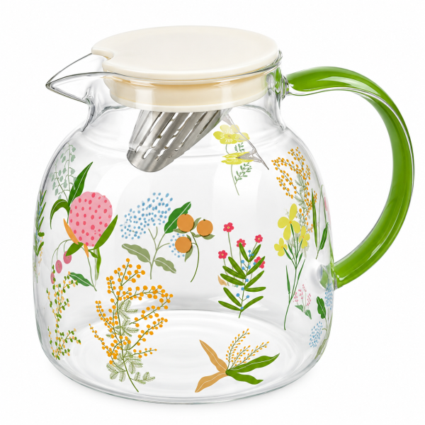 EVVIVA Bucolic – Carafă din sticlă cu capac și filtru metalic, 1,3 L