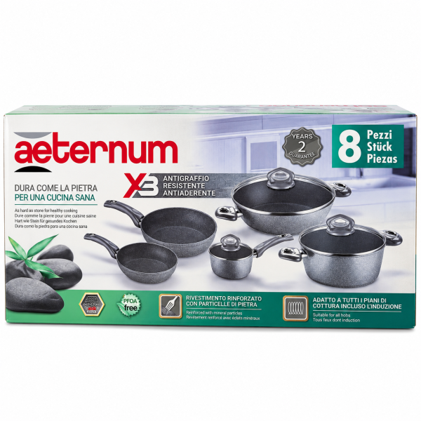 Aeternum – Set de oale și tigăi cu înveliș antiaderent X3 ranforsat cu particule de piatră, 8 piese, compatibil cu inducția